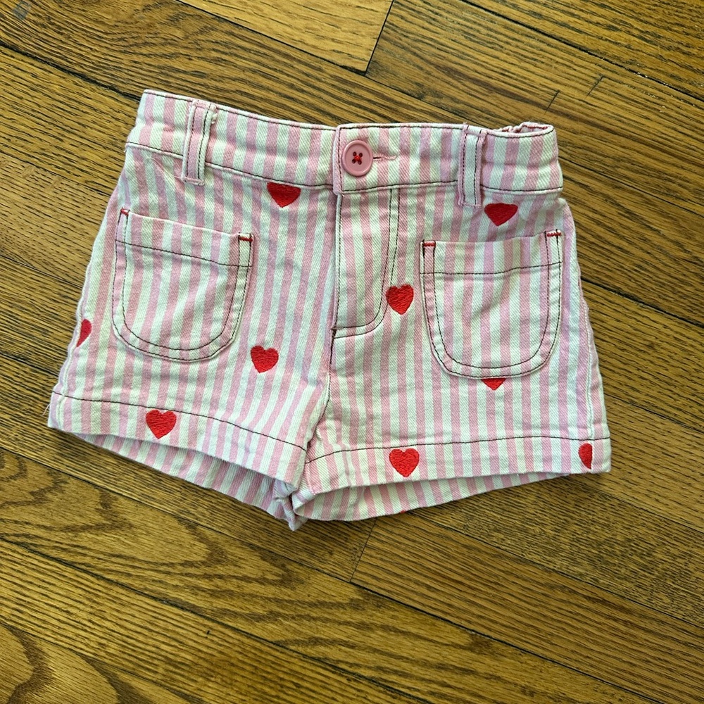 Mini Boden Pink and White Striped Kids Shorts with Red Hearts 3-4T